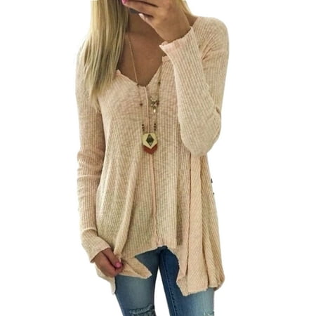 Eoeth Women Casual Striped V-Neck Long Sleeve Irregularity Knit Top Blouse Sweater Pullover